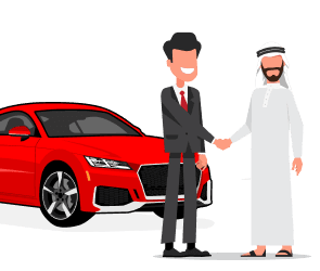 Dealer handing over keys next to a red car